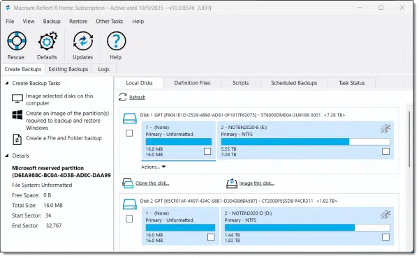 Macrium Reflect main interface.