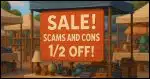 a flea market with a large sign that says "Sale! Scams and cons 1/2 off!"