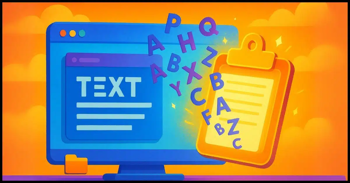 Stylized screenshot or image of a desktop with floating letters being “caught” by a glowing clipboard icon, as if it's grabbing text from thin air.