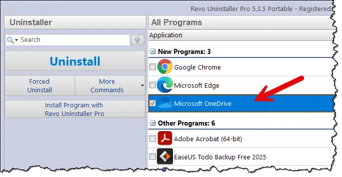 Revo Uninstaller with OneDrive selected.