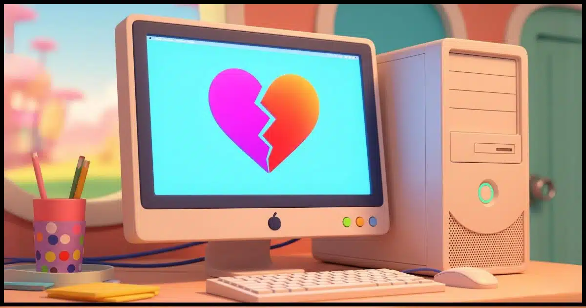 a desktop computer with a broken heart on its display