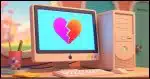a desktop computer with a broken heart on its display