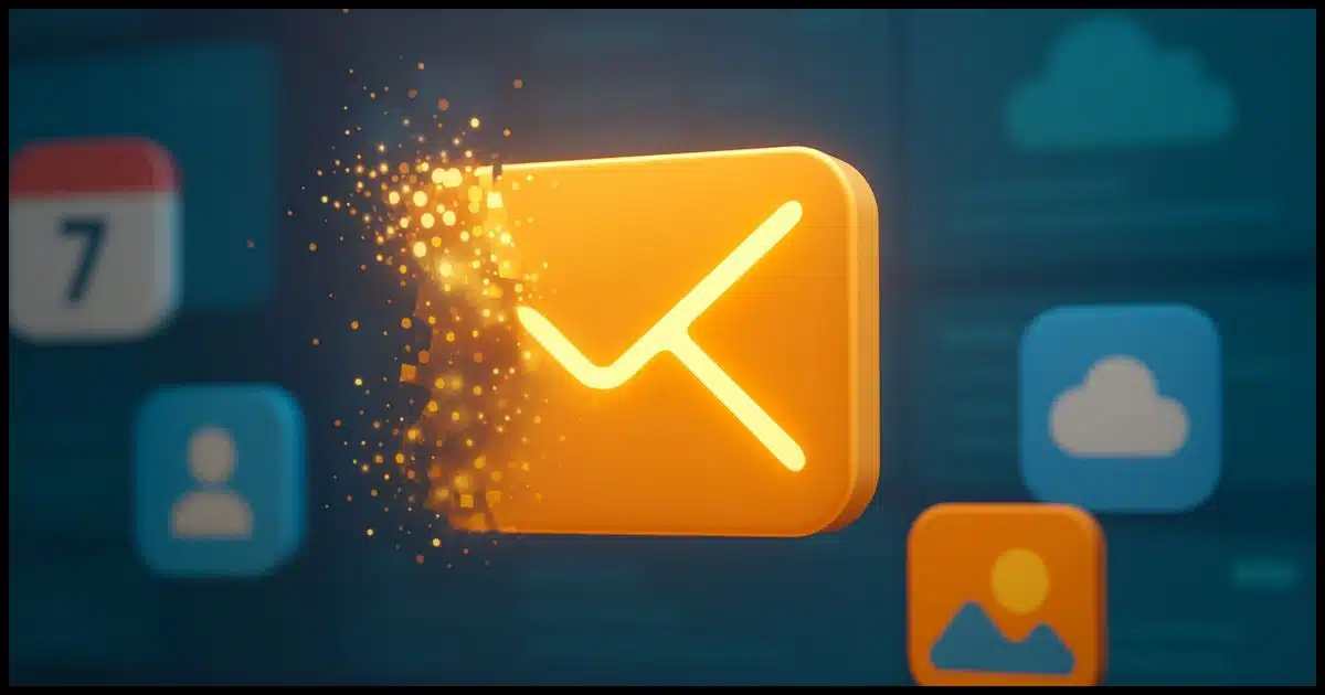 A glowing email icon slowly dissolving or pixelating, while other icons like calendar, contacts, and cloud storage blur out behind it. The background is a vibrant digital dashboard.