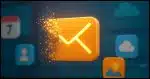 A glowing email icon slowly dissolving or pixelating, while other icons like calendar, contacts, and cloud storage blur out behind it. The background is a vibrant digital dashboard.
