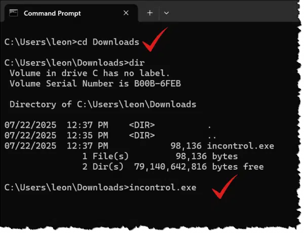 Downloads folder in Command Prompt.