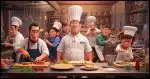 a busy kitchen with several cooks, and a head chef wearing a badge that reads "Edge"