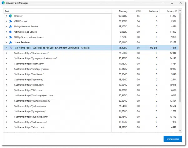 Edge's built-in task manager.