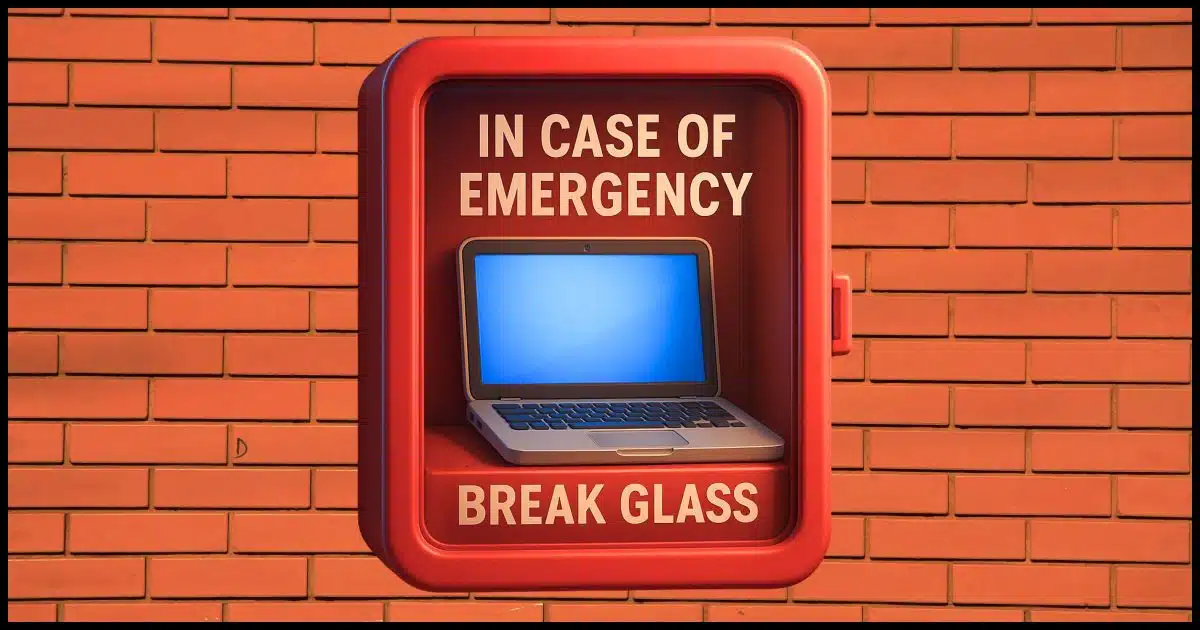 a laptop computer inside a wall-mount fire extinguisher container behind glass with the words "in case of emergency break glass" stenciled over the glass