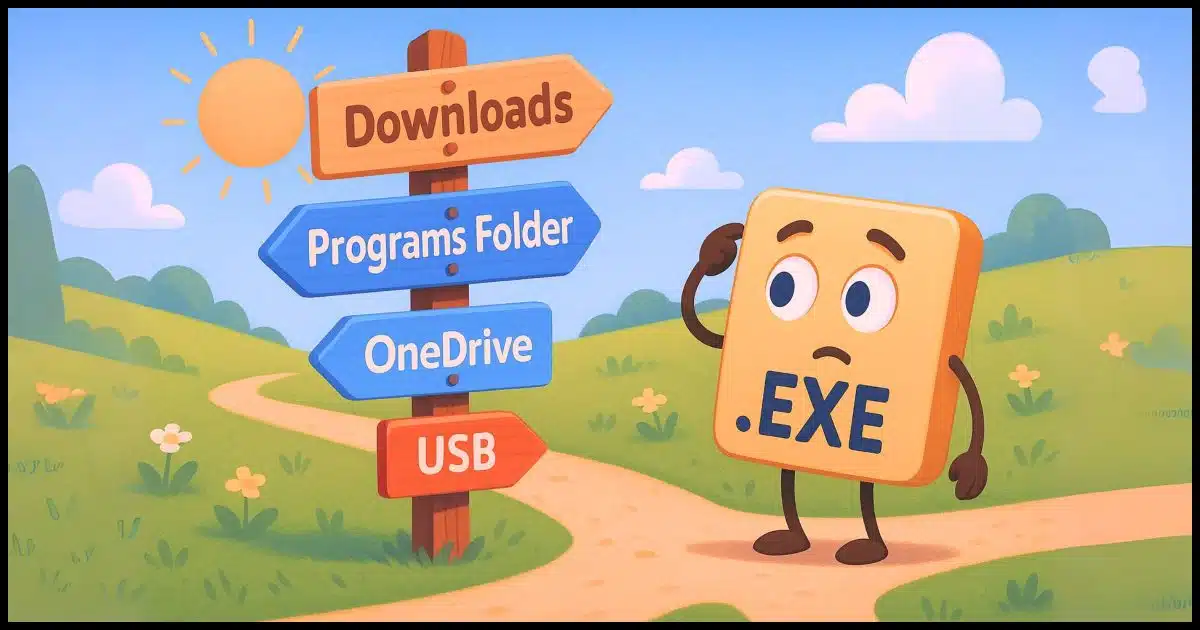 A sunny, colorful landscape with road signs labeled “Downloads,” “Programs Folder,” “OneDrive,” and “USB.” A cheerful .EXE file character stands at a crossroads, scratching its head, deciding where to go.