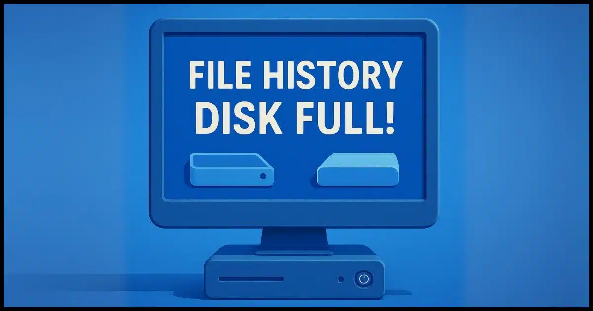 A desktop PC displaying "File History Disk Full!" on its screen.
