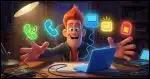 a sneaky cartoon hacker sitting at a desk with four glowing icons in front of them: a phone (impersonation), a laptop with a cable plugged in (remote access), a flashing 2FA popup (fatigue), and a SIM card (swap). The hacker is reaching mischievously toward all of them at once.