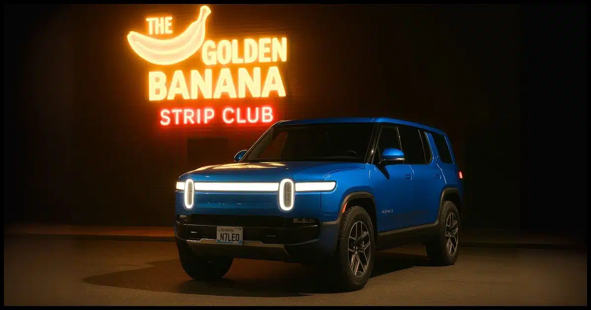 AI generated image of a blue 2025 Rivian R1S, Washington license plate "N7LEO" parked in front of "The Golden Banana" strip club at night.