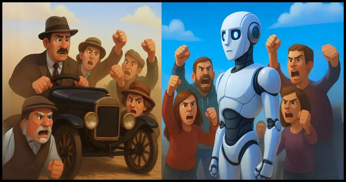 a split-screen image: on one side, a 1920's era scene of a crowd of angry people shaking their fists at a Model T automobile, on the other side a modern scene of a crowd of angry people facing a humanoid looking robot shaking their fists at it