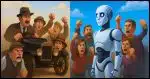 a split-screen image: on one side, a 1920's era scene of a crowd of angry people shaking their fists at a Model T automobile, on the other side a modern scene of a crowd of angry people facing a humanoid looking robot shaking their fists at it