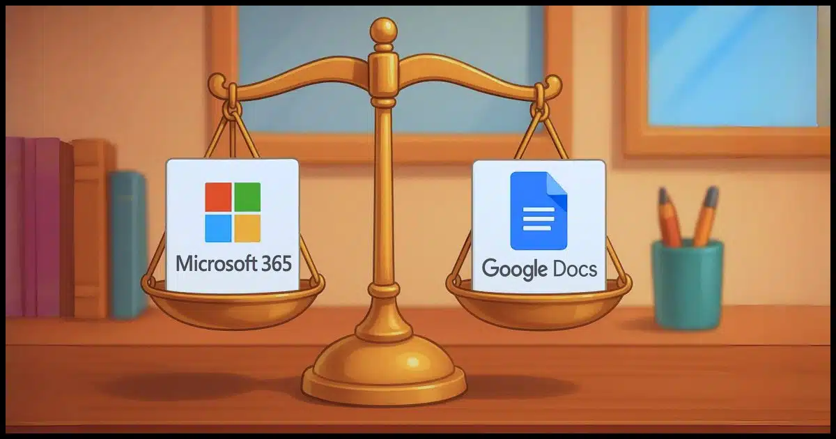  a balance scale on a desk with the Microsoft 365 logo on one side, and the Google Docs logo on the other.