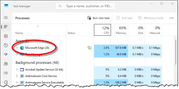 Edge in Task Manager