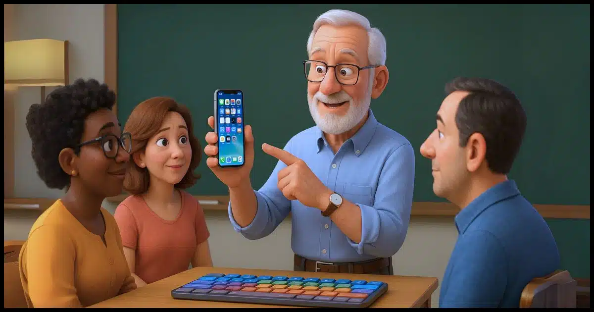 an older gentleman teacher holding and pointing to a mobile phone in a classroom in front of a middle aged group of students