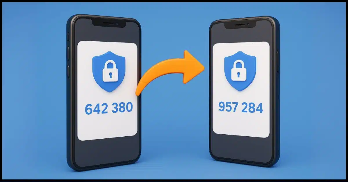 two smartphones each displaying a two-factor app and code, with a floating arrow pointing from one smartphone to the other