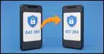 two smartphones each displaying a two-factor app and code, with a floating arrow pointing from one smartphone to the other