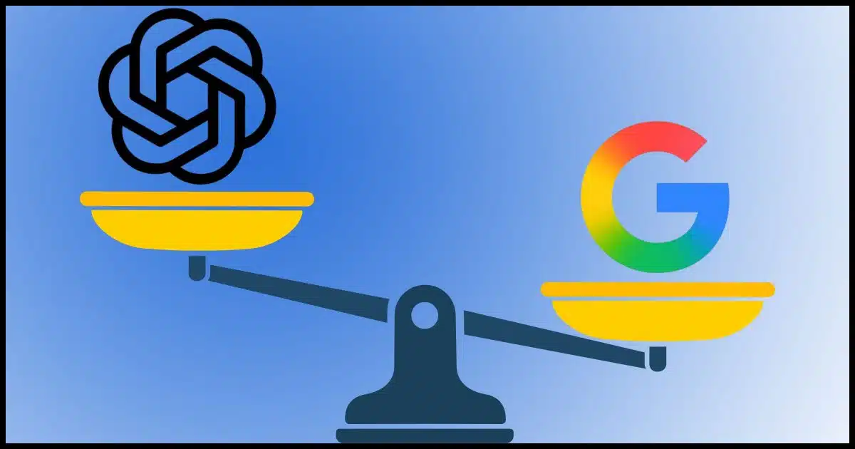 OpenAI and Google logos on a balance scale
