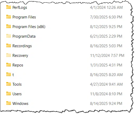 Some of the folders on my system drive.