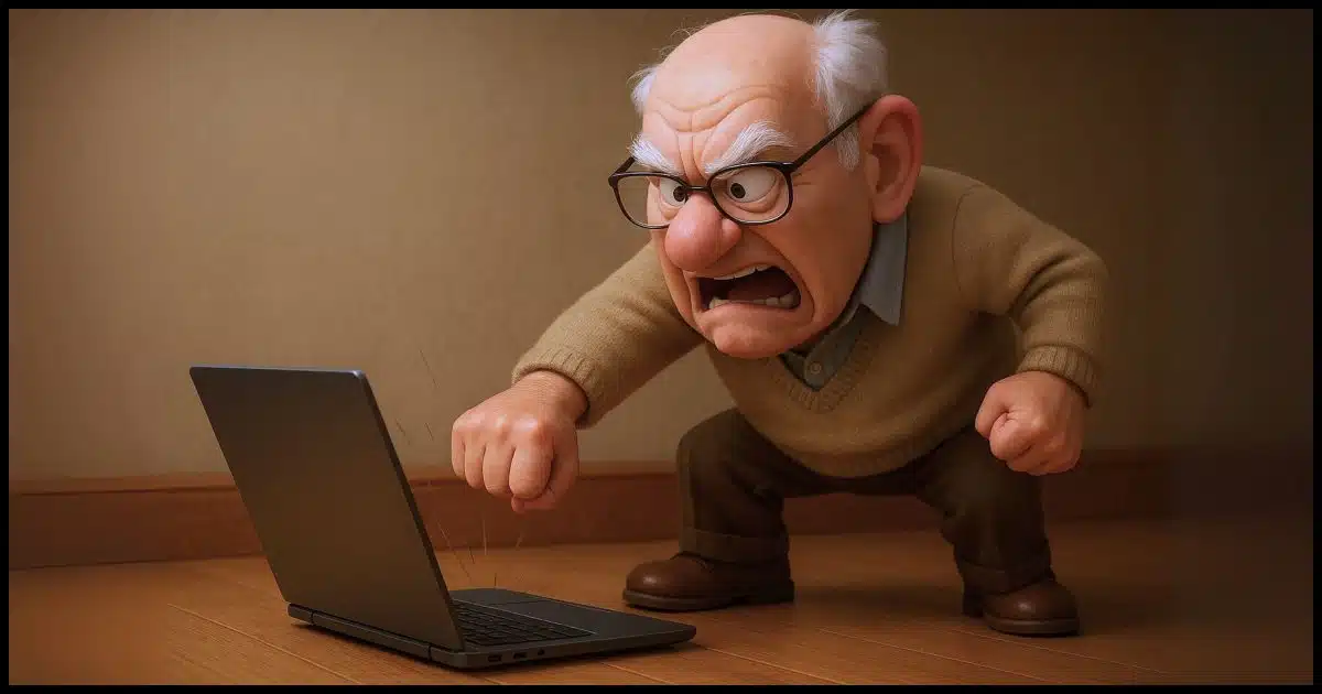 A frustrated older gentleman throwing a laptop to the ground