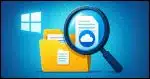 A large, cartoon-style magnifying glass hovers over a stack of digital files in a Windows folder, with a OneDrive cloud in the corner