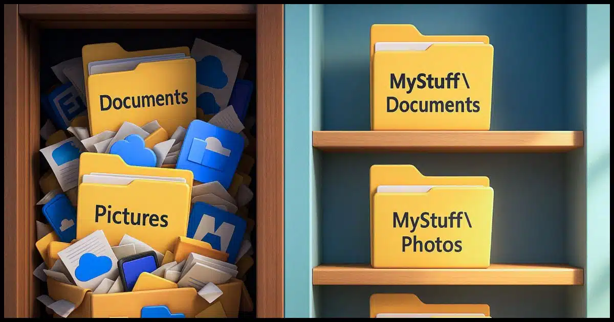 a Split image: one side is a chaotic closet stuffed with apps and files labeled “Documents,” “Pictures,” etc.; the other side shows clean, labeled shelves with folders like "Mystuff\Documents", “MyStuff\Photos,” in a bright, well-lit room.