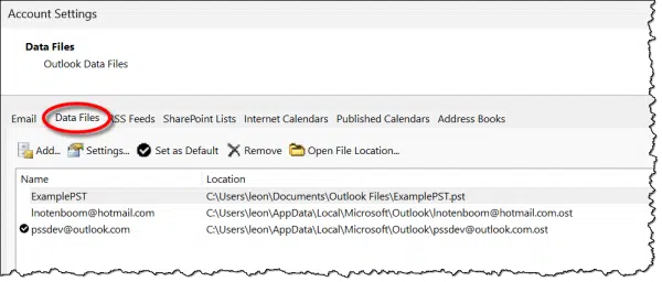 Outlook Datafiles in Account Settings.