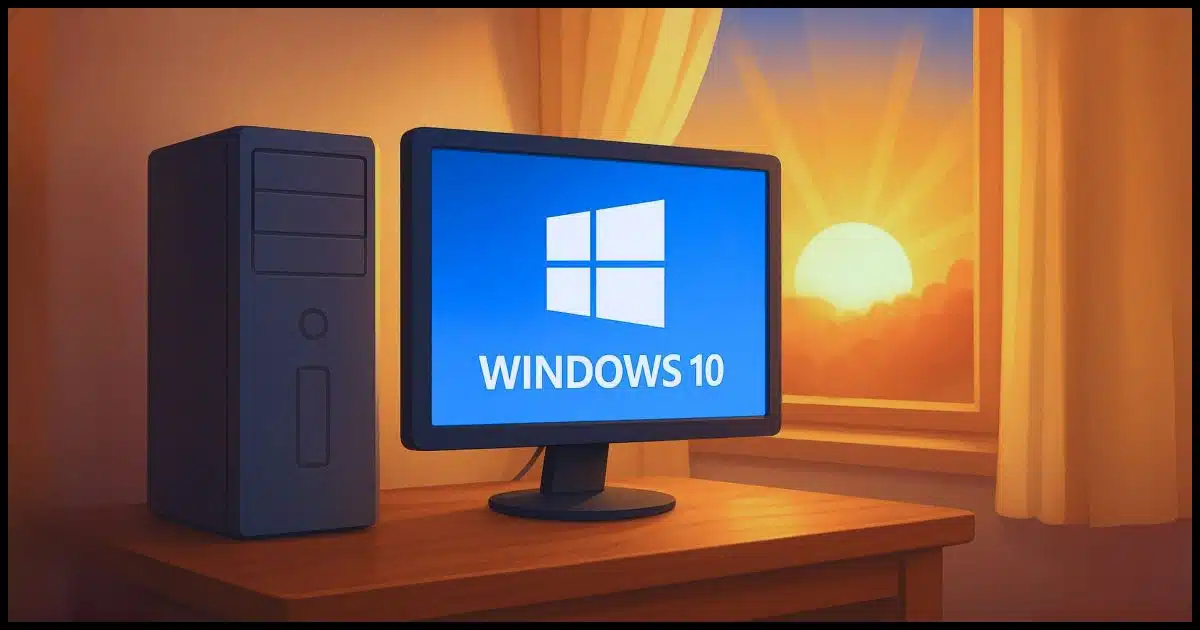A desktop computer with a Windows 10 screen bathed in bright morning sunlight.