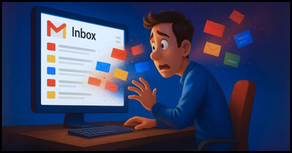 A glowing Gmail inbox filled with colorful emails fading into a digital dust cloud. A worried person sits at their desk, reaching out as the emails slip away.