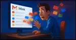 A glowing Gmail inbox filled with colorful emails fading into a digital dust cloud. A worried person sits at their desk, reaching out as the emails slip away.