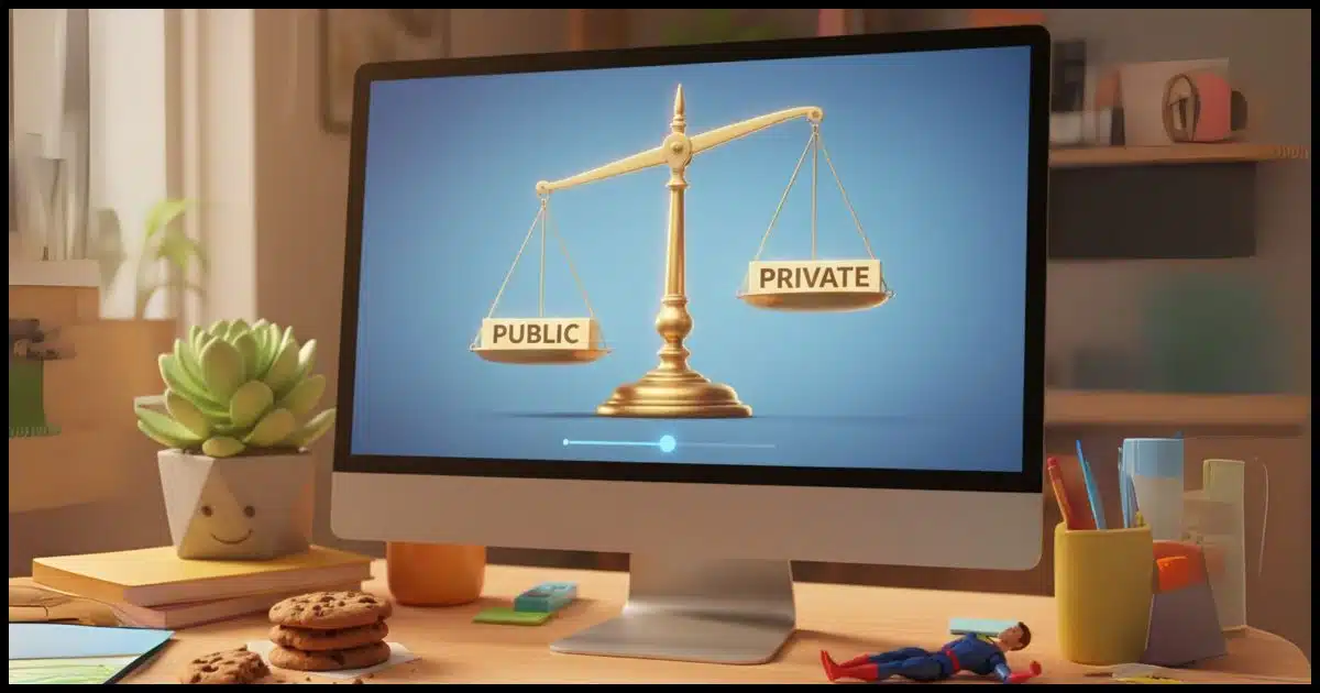 a computer screen showing a balance scale which has the word "Public" on one side and "Private" on the other
