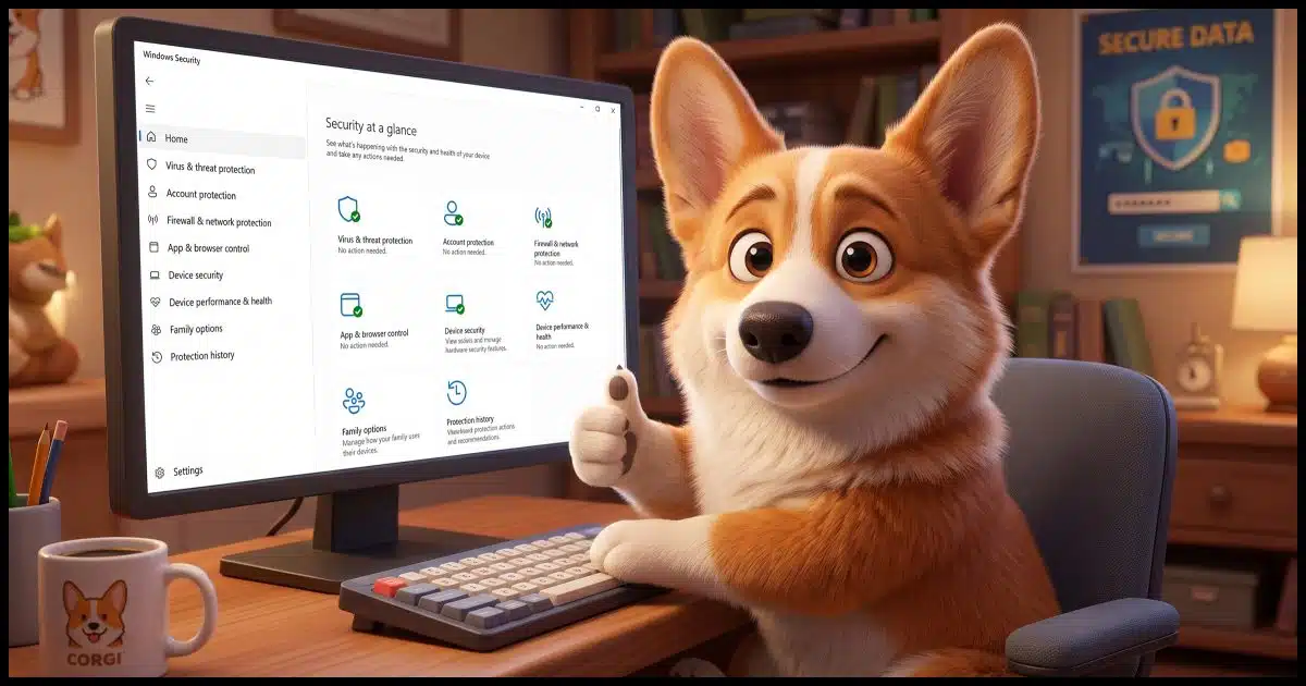 A Corgi sitting in front of a PC displaying Windows Security. The Corgi looks at the camera and gives a "thumbs up".