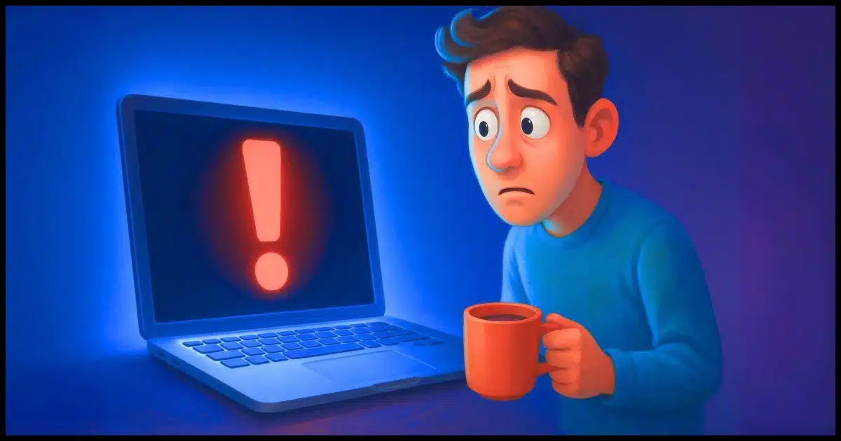 A laptop glowing with a big red exclamation mark on the screen, while a worried person hovers nearby, coffee cup in hand.