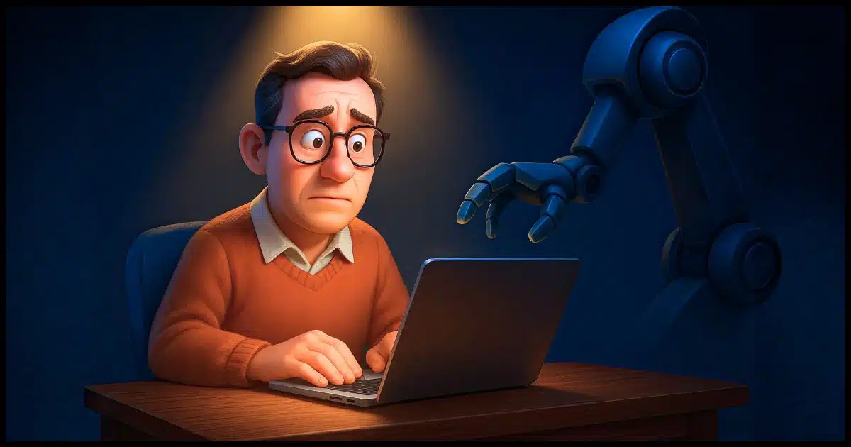 A human writer under a spotlight as an AI robot arm reaches for his work.