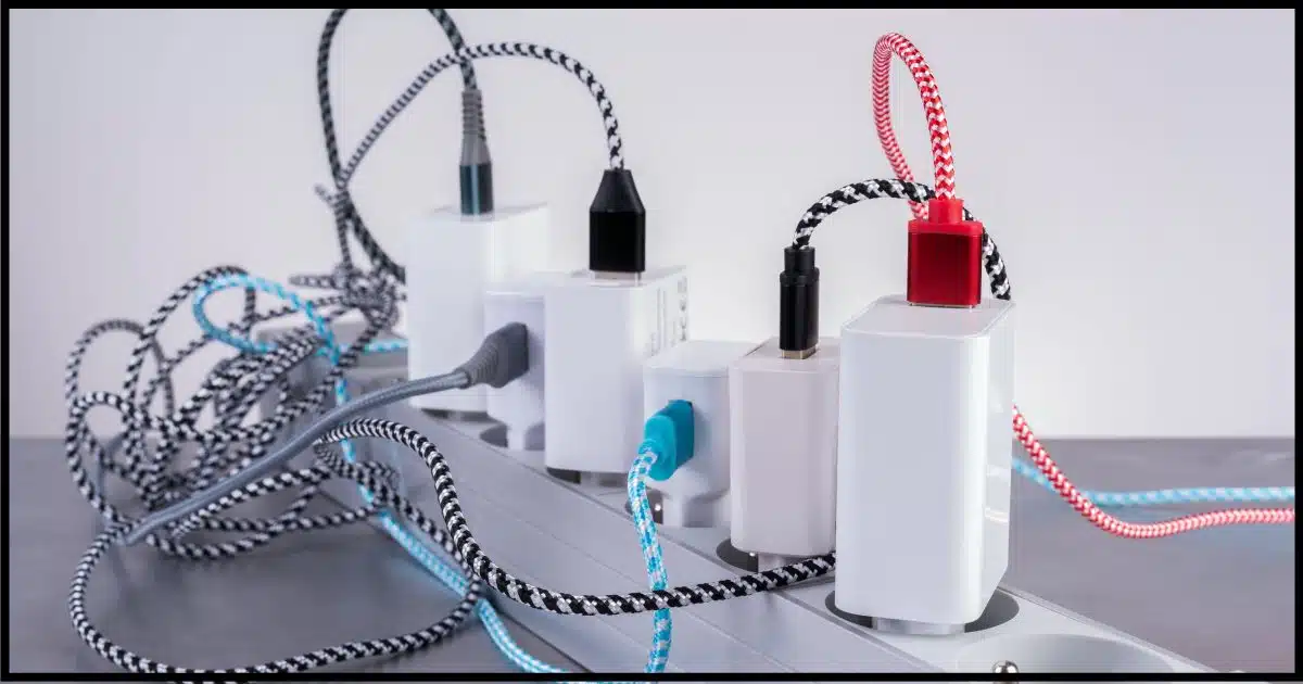Several USB charging bricks plugged into a power strip.