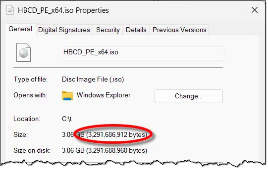 Hirens Boot CD file size.