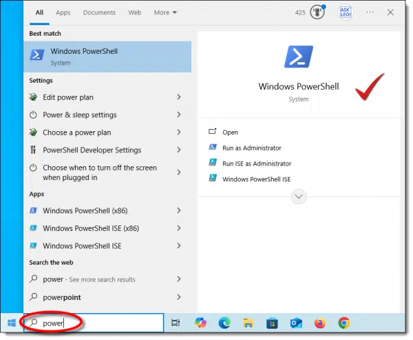 Running the Windows PowerShell. Click for larger image. (Screenshot: askleo.com)