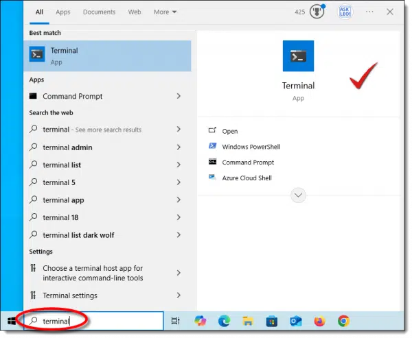 Running the Windows Terminal. Click for larger image. (Screenshot: askleo.com)