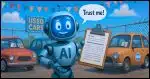 an ai robot in a used car lot offering a clipboard with a form on it, saying "Trust me!"
