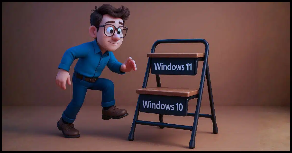 an individual about to step on a two-step step stool where the first step is labeled "Windows 10", and the next is labelled "Windows 11"