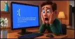 a computer on a desk displaying a Windows BSOD blue screen of death, and a person next to it with hands on either side of their face reminiscent of the scene in the movie Home Alone.