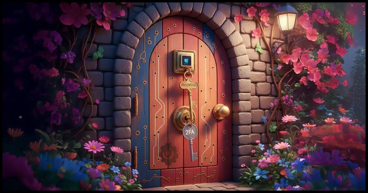 A warm, colorful door with two locks and corresponding keys—one labeled “Password,” the other “2FA”—both needed to open it.