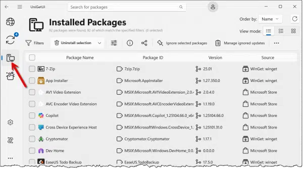 UniGetUI listing installed applications.