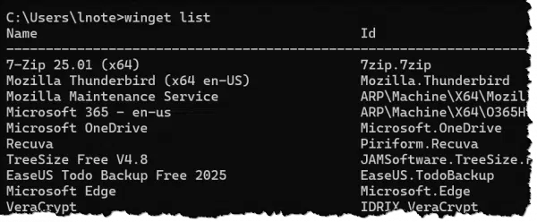 Winget list results.