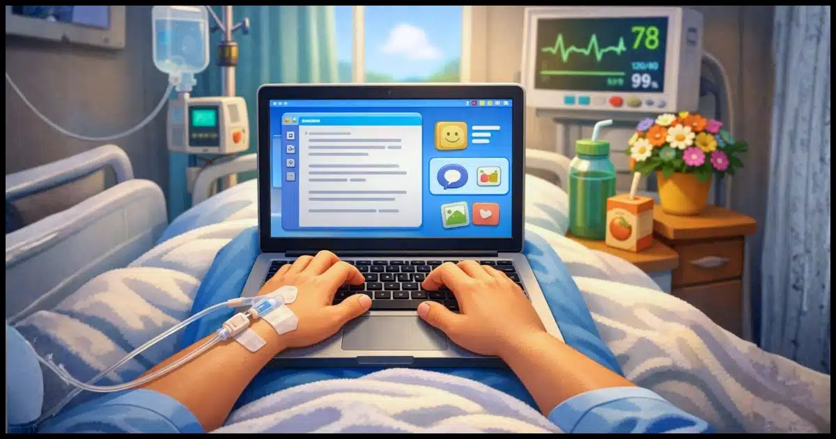 a first-person view of a laptop being used on the lap of an individual in a hospital bed