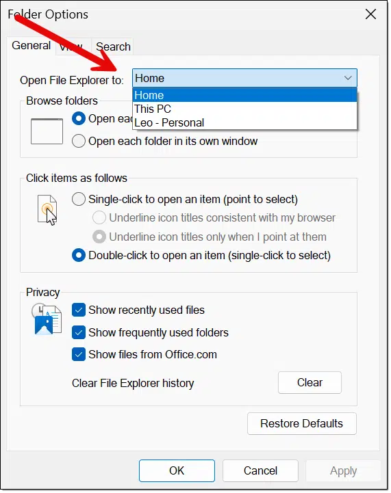 Folder Options dialog.