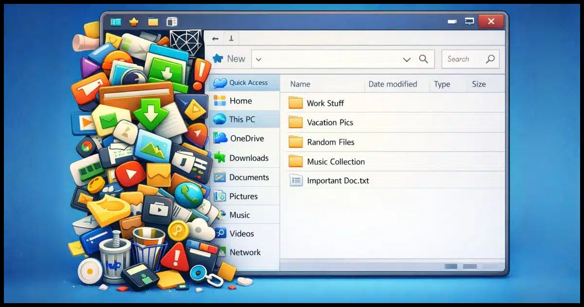 a Windows File Explorer window, with the left-hand navigation pane overflowing with shorcuts and icons