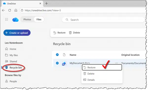 Restoring a file from the OneDrive.com Recycle Bin.